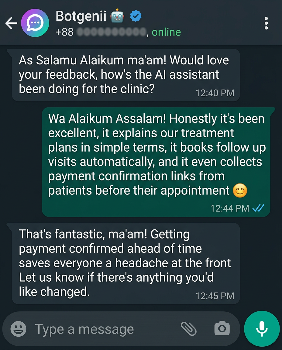 WhatsApp conversation with Botgenii AI for Real Estate Consultant, Dhaka