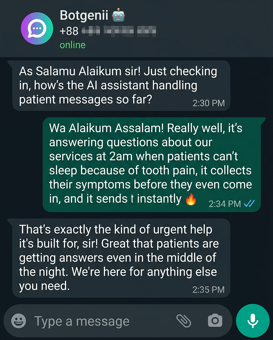 WhatsApp conversation with Botgenii AI for Hair Clinic Owner, London UK