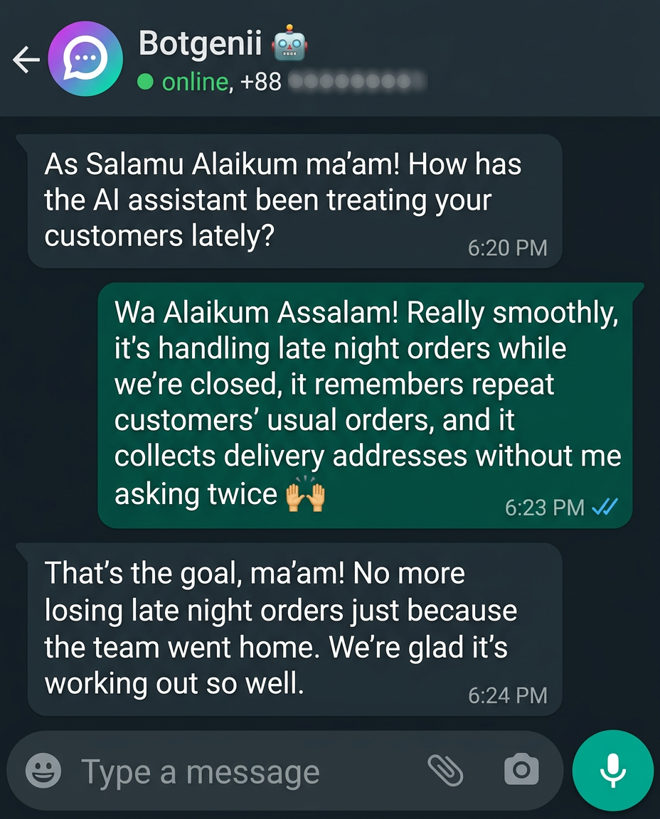 WhatsApp conversation with Botgenii AI for Fashion Brand, Dhaka