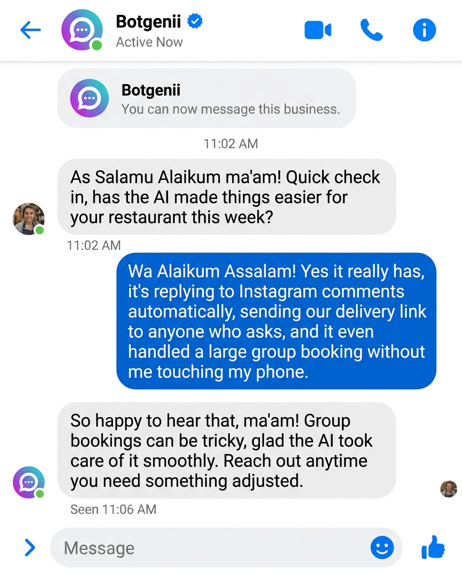 WhatsApp conversation with Botgenii AI for Restaurant Chain, Dhaka