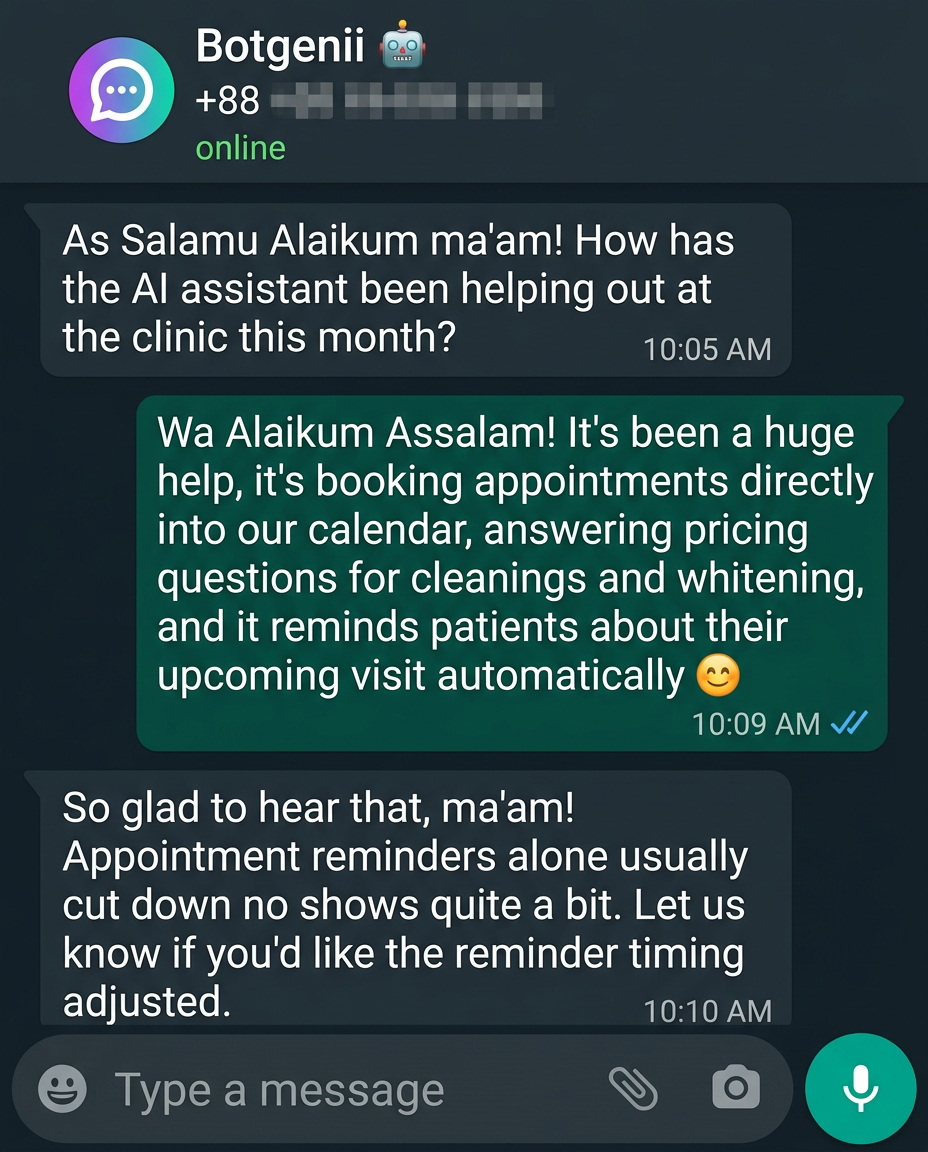 WhatsApp conversation with Botgenii AI for Online Tutoring, Leeds UK