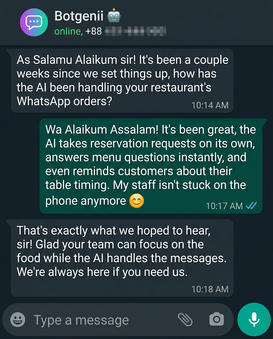 WhatsApp conversation with Botgenii AI for Ecommerce Brand, Dhaka