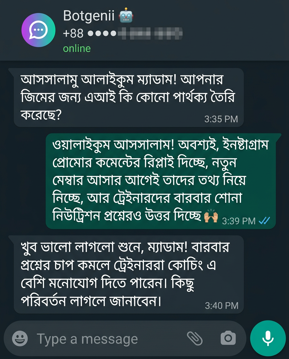 WhatsApp conversation with Botgenii AI for Dental Clinic, Dhaka