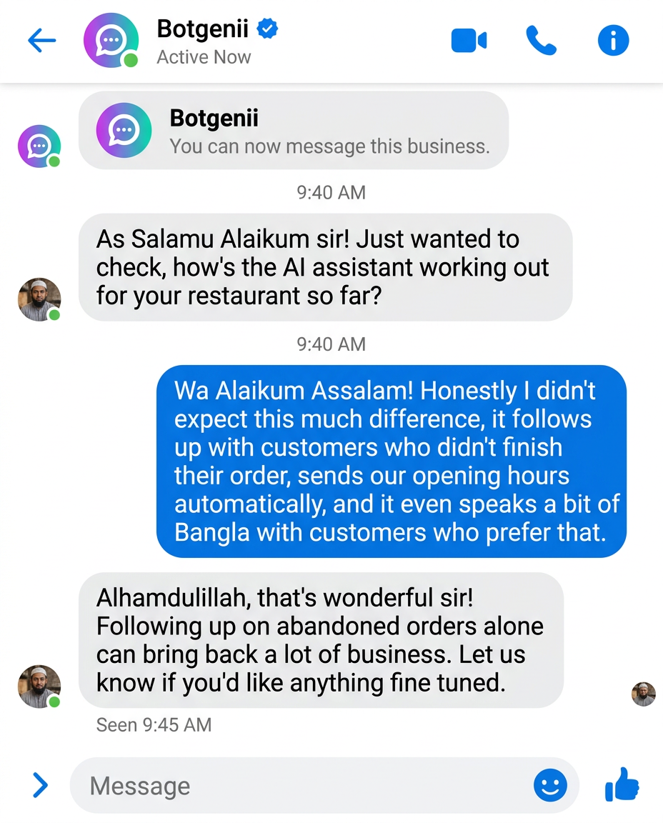 WhatsApp conversation with Botgenii AI for Travel Agency, Chittagong